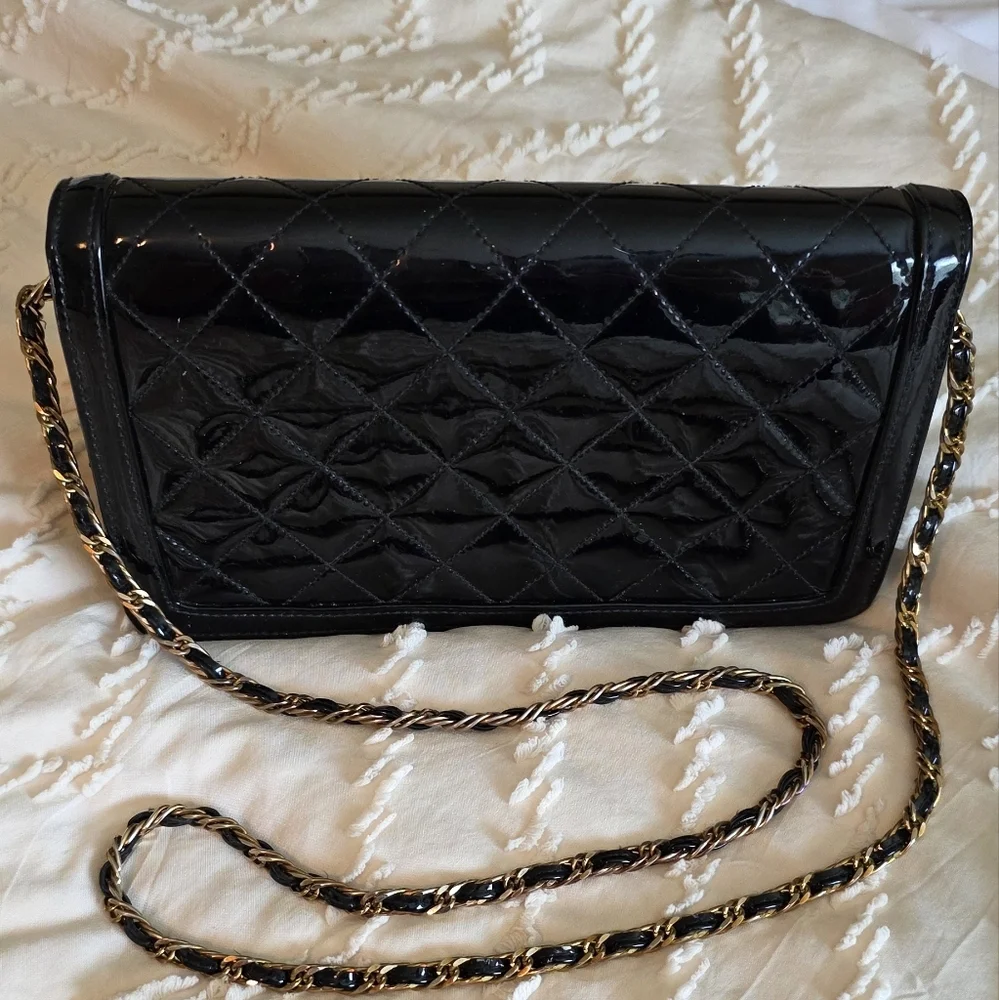 Vintage Ande' Purse Black Quilted Patent Leather Crossbody Clutch Bag